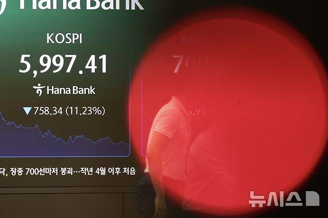 [서울=뉴시스] 김명년 기자 = 장중 코스피 6000선이 붕괴된 28일 오후 서울 중구 하나은행 딜링룸에 코스피 지수가 표시돼 있다. 2026.07.28. kmn@newsis.com