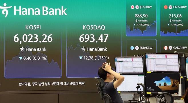 29일 서울 중구 하나은행 딜링룸 전광판에 700선 아래로 내려간 코스닥지수가 표시되고 있다. 뉴시스 제공