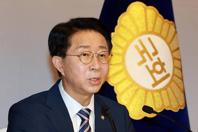 조정식 국회의장이 28일 서울 여의도 국회 사랑재에서 열린 취임 첫 기자간담회에서 인사말을 하고 있다. 국회사진기자단