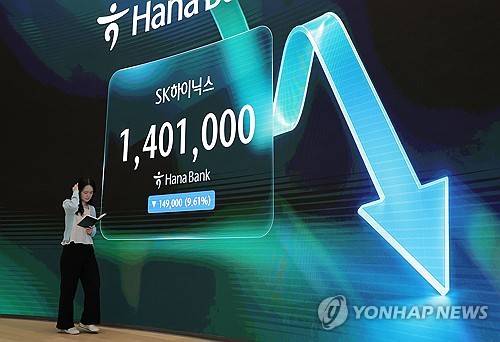 SK하이닉스 하락 마감(서울=연합뉴스) 류영석 기자 = 코스피가 전장보다 360.42p(5.98%) 내린 5,663.24로 마감한 29일 오후 서울 중구 하나은행 딜링룸에 이날 SK하이닉스 주가 지수가 표시되고 있다.이날 원/달러 환율은 오후3시30분 기준 15.8원 내린 1,446.7원을 기록했고, 코스닥은 43.17p(6.12%) 내린 662.68으로 마감했다. 2026.7.29 ondol@yna.co.kr