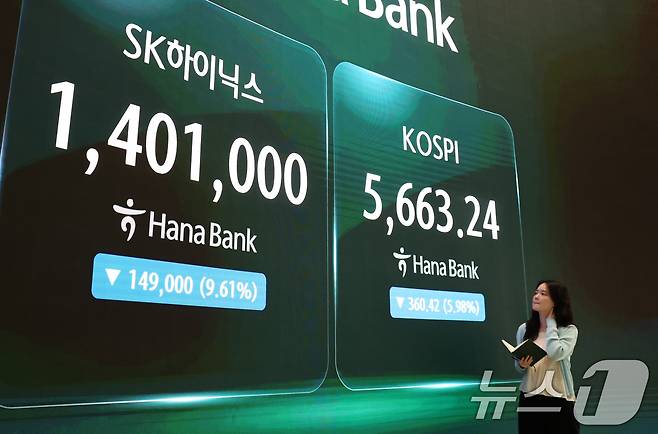 2거래일 연속으로 코스피, 코스닥 시장에 서킷브레이커가 발동한 29일 서울 중구 하나은행 본점 딜링룸 전광판에 코스피 및 SK하이닉스 종가가 표시되어 있다. 이날 코스피는 전 거래일 대비 360.42포인트(p)(5.98%) 하락한 5663.24, 코스닥은 전 거래일 대비 43.17포인트(p)(6.12%) 하락한 662.68로 마감했다. 2026.7.29 ⓒ 뉴스1 최지환 기자
