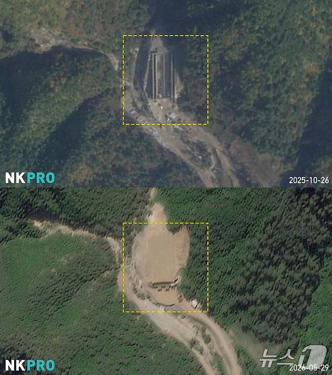 30일 북한 전문 매체 NK뉴스는 위성사진 분석을 통해 함경남도 함흥 용성기계연합소 산하 '2월 11일 공장' 북쪽 계곡에 새 생산시설이 건설된 뒤 지하화됐다고 보도했다. 지난해 10월 26일 촬영된 위성사진(위)과 지난 5월 29일 촬영된 위성사진(아래)을 비교하면 변화가 뚜렷하다.(NK뉴스 갈무리).