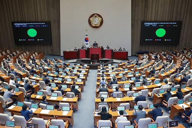 30일 국회에서 열린 7월 임시국회 제3차 본회의에서 제9회 전국동시지방선거 투표용지 부족사태 등 국민참정권 침해 진상규명 및 선거관리 개혁을 위한 국정조사특별위원회 활동기간 연장의 건이 통과되고 있다. 연합뉴스