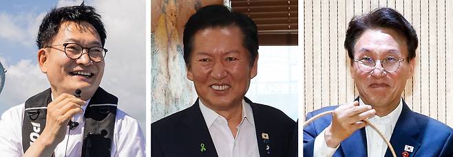 더불어민주당 8·17 전당대회 당권 주자들이 30일 지역 일정에 나선 모습. 왼쪽 사진부터 전남광주 신안군 하의도로 배를 타고 이동 중인 송영길 전 대표, 인천을 찾은 정청래 전 대표, 제주 당원 간담회에 참석한 김민석 전 국무총리. 각 후보 캠프 제공