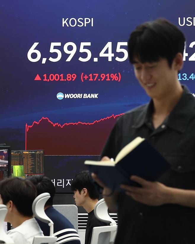31일 서울 중구 우리은행 본점 딜링룸 전광판에 코스피 종가가 나오고 있다. 뉴스1
