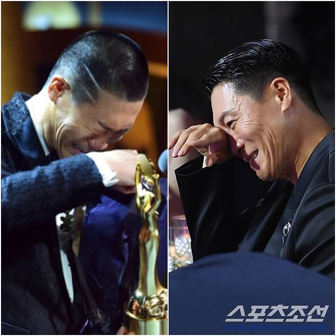 배우 진선규가 제38회 청룡영화상(왼쪽)과 제5회 청룡시리즈어워즈(오른쪽)에서 감동의 눈물을 흘렸다. 사진=스포츠조선DB