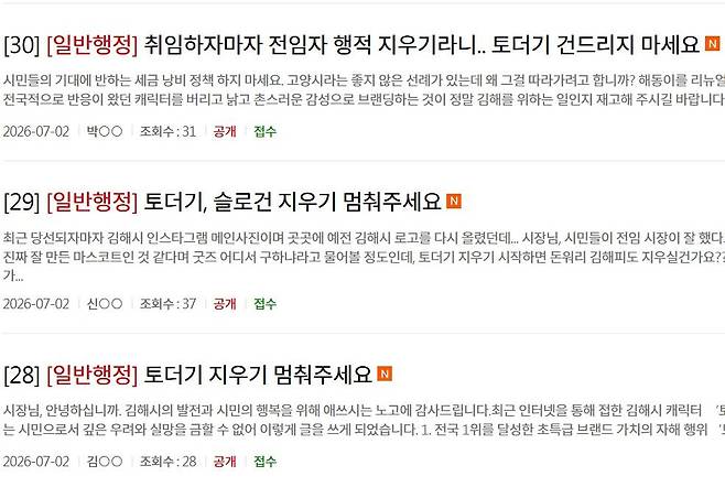 경남 김해시 홈페이지의 '시장에게 바란다' 게시판에 올라온 '토더기' 관련 민원 게시글 목록. 지난달 1일 취임한 정영두 신임 시장에게 시의 마스코트인 '토더기' 사용을 유지해 달라는 내용이다. 김해시 홈페이지 캡처