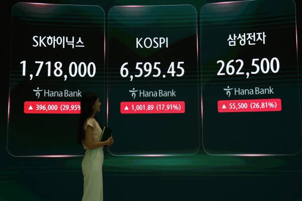 코스피가 전날보다 1,001.89포인트(17.91%) 오른 6,595.45로 장을 마감하며 역대 최대 상승률과 상승폭을 기록한 31일 서울 하나은행 본점 딜링룸의 모습. 연합뉴스