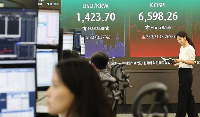5일 서울 중구 하나은행 본점 딜링룸 전광판에 코스피, 코스닥지수가 표시돼 있다. /사진=연합뉴스