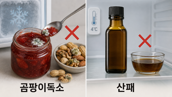 곰팡이가 핀 잼과 견과류는 일부만 덜어내지 말고 통째로 버려야 한다. 들기름은 산패를 늦추기 위해 4℃ 이하에서 냉장 보관하고, 쩐내나 불쾌한 맛이 나면 폐기하는 것이 좋다. ChatGPT 생성 이미지