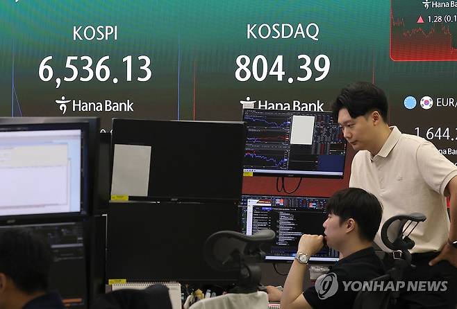 코스피 하락 출발 (서울=연합뉴스) 서명곤 기자 = 코스피가 하락 출발한 6일 서울 중구 하나은행 딜링룸에 코스피, 코스닥 지수가 표시돼있다. 2026.8.6 seephoto@yna.co.kr