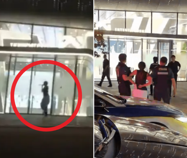 6일 오후 9시쯤 서울 마포구 합정동 YG 신사옥 출입문을 골프채로 수차례 가격하는 등 난동을 부린 20대 여성이 체포됐다. 사진은 여성이 YG 사옥 출입문을 가격하는 모습(왼쪽)과 경찰에 체포되는 모습(오른쪽). 엑스 캡처