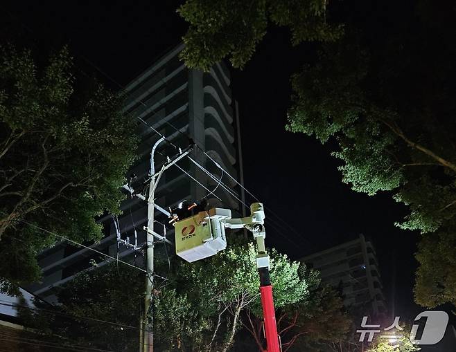 7일 오후 11시34분쯤 대구 수성구 매호동의 한 아파트 단지에서 정전이 발생한 가운데 한국전력 관계자들이 전력 설비를 점검하고 있다.(독자 제공. 재판매 및 DB금지)