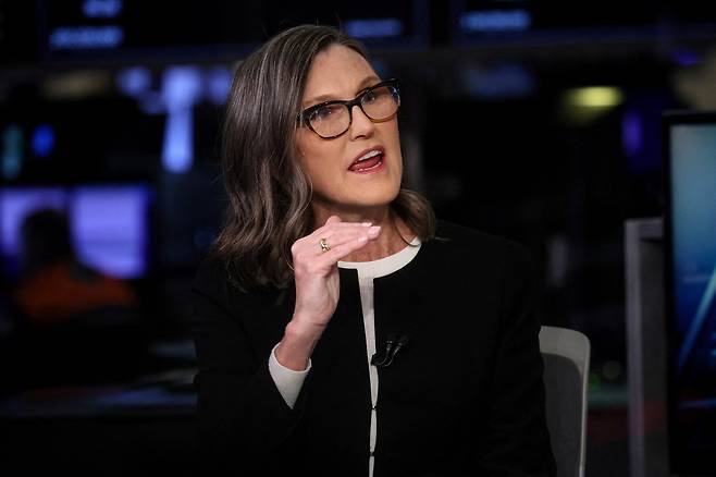FILE PHOTO: Cathie Wood, CEO of Ark Invest, speaks during an interview on CNBC on the floor of the New York Stock Exchange (NYSE) in New York City, U.S., February 27, 2023.  REUTERS/Brendan McDermid/File Photo