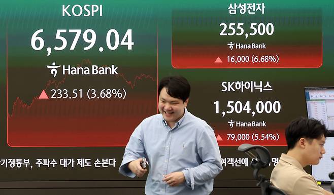 코스피가 전 거래일보다 233.51포인트(3.68%) 오른 6759.04에 마감한 12일 오후 서울 중구 하나은행 딜링룸 전광판에 코스피 및 삼성전자, SK하이닉스의 종가가 표시되어 있다. (사진=뉴시스)