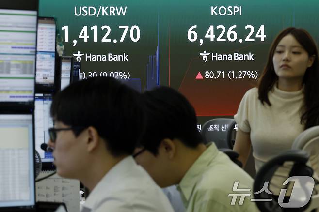 12일 오전 서울 중구 하나은행 본점 딜링룸 전광판에 코스피 등 시황이 표시되고 있다. 이날 코스피는 전 거래일 대비 90.02p(1.42%) 오른 6435.55, 코스닥은 10.34p(1.21%) 하락한 847.50, 달러·원환율은 전 거래일 오후 3시 30분 주간종가 대비 3.30원 내린 1412.60원을 기록했다. ⓒ 뉴스1 박정호 기자