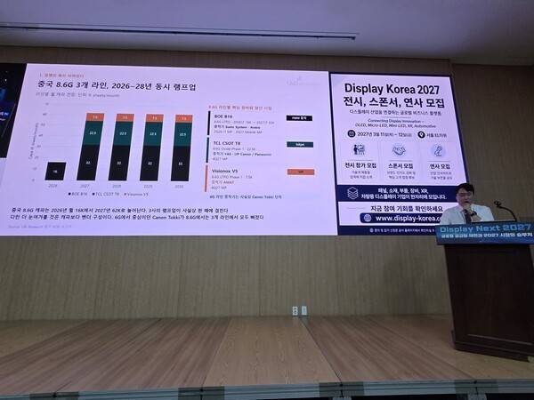 김준호 유비리서치 연구원이 지난 12일 서울 과학기술컨벤션센터에서 열린 'Display Next 2027: 글로벌 공급망 재편과 2027 시장의 승부처' 세미나에서 '중국 OLED 산업의 SCM 경쟁력과 Localization 전략'을 주제로 발표하고 있다. [출처=이수진 기자]