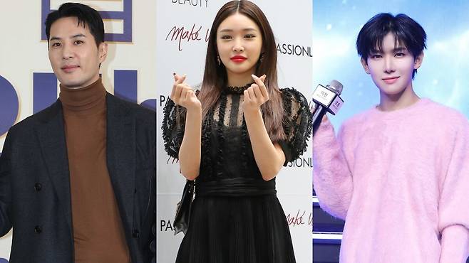 왼쪽부터 포즈를 취하고 있는 배우 김지석, 가수 청하, 아이돌그룹 모디세이의 이첸. 연합뉴스·모디세이 인스타그램 계정 ‘modyseey.off’ 캡처