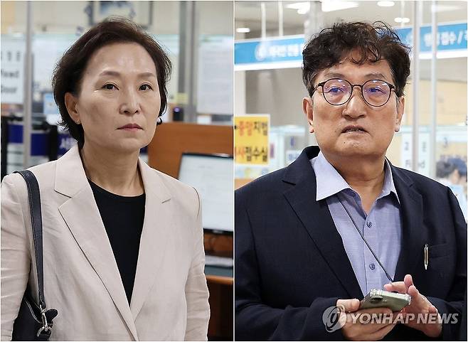 선고 공판 출석하는 김현미 전 국토부 장관과 노영민 전 대통령 비서실장 (서울=연합뉴스) 김주형 기자 = '취업 청탁 의혹'으로 기소된 김현미 전 국토부 장관(사진 왼쪽)과 노영민 전 대통령 비서실장이 13일 서울 서초구 서울중앙지법에서 열린 1심 선고 공판에 각각 출석하고 있다. 2026.8.13 kjhpress@yna.co.kr