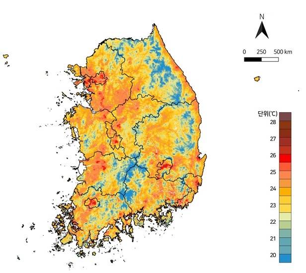 인공위성을 이용한 전국 열분포 현황 [행정안전부 국립재난안전연구원 제공]