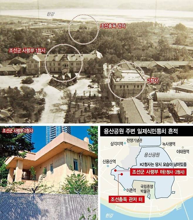 해방 뒤인 1948년 9월 용산 조선군사령부 일대를 공중촬영한 사진(위). 당시 미 7사단 본부로 쓰이던 사령부 1청사와 벙커 모양새의 2청사가 보인다. 그 뒤로 조선총독 관저의 지붕 돔과 한강도 눈에 들어온다. 미국 국립문서기록관리청(NARA)에 보관된 사료다.아래 작은 사진은 2청사의 현재 모습. 철조망 담에 둘러싸여 출입이 통제되고 있다. 김천수 연구자 제공, 노형석 기자
