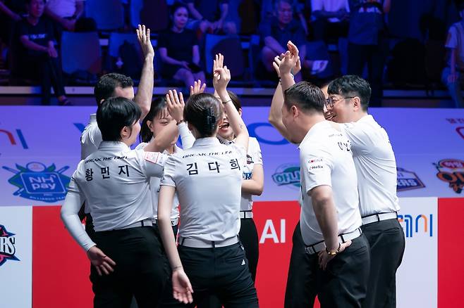 승리 후 환호하는 브레이커스 선수들 [PBA 제공. 재판매 및 DB 금지]