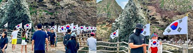 광복절인 지난 15일, 독도 동도 선착장에 입도객들이 저마다 독도 사랑을 온몸으로 표현하고 있다. /독자 제공
