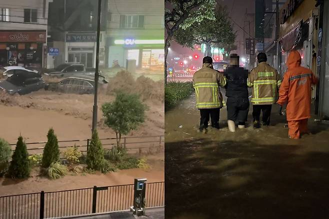 17일 오전 경남 거제시 장평동 일대에 내린 집중호우로 도로가 침수돼 차들이 물에 잠겨 있는 모습(왼쪽)과 고현동 일대가 침수된 상황에서 소방대원들이 한 시민을 부축해 안전한 곳으로 이동시키는 모습. 연합뉴스