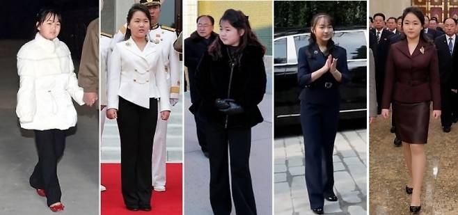 김정은 딸 주애 2022년 첫 등장 이후 변천사.  왼쪽부터 2022년 11월 대륙간탄도미사일(ICBM) ‘화성-17형’ 시험발사 현장에 흰 패딩에 빨간 구두 차림으로 첫 등장, 2023년 8월 해군사령부, 2024년 1월 광천닭공장, 2025년 9월 중국 베이징(첫 해외 방문), 2026년 1월 1일 금수산태양궁전 첫 참배. [조선중앙통신·조선중앙TV 화면 연합뉴스