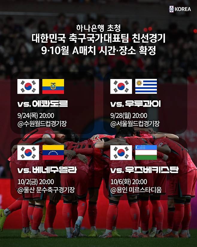 9·10월 국제축구연맹(FIFA) A매치 기간 친선경기 4경기가 모두 국내에서 열린다. (대한축구협회 제공)