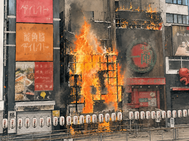 지난해 8월 18일 일본 오사카 도톤보리 화재 당시 모습. 실제 장면을 참고해 생성형 인공지능(AI)으로 제작한 일러스트