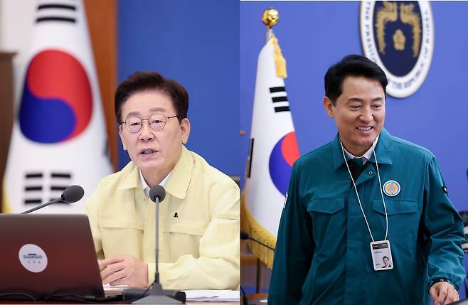 18일 청와대에서 열린 을지국무회의. 노란색 민방위복을 입고 국무회의를 주재하는 이재명(왼쪽) 대통령과 청록색 민방위복을 입고 국무회의에 참석한 오세훈 서울시장. [연합]