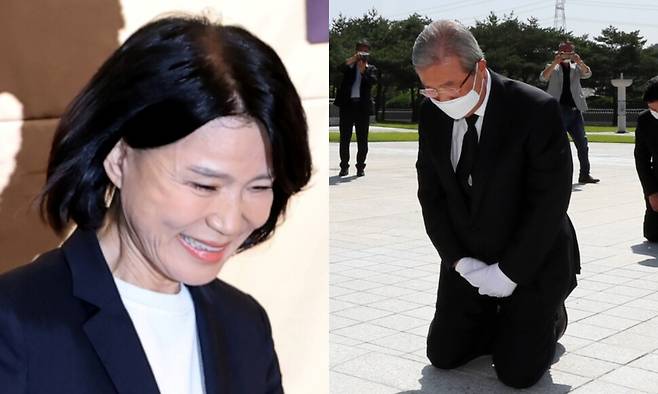 13일 국회도서관 대강당에서 열린 ‘5·18 민주화운동의 재조명 포럼’에서 인사말을 마친 뒤 단상을 내려오는 이진숙 국민의힘 의원과 2020년 8월19일 광주 북구 국립 5·18 민주묘지에서 무릎을 꿇고 참배하고 있는 김종인 당시 미래통합당 비상대책위원장. 연합뉴스
