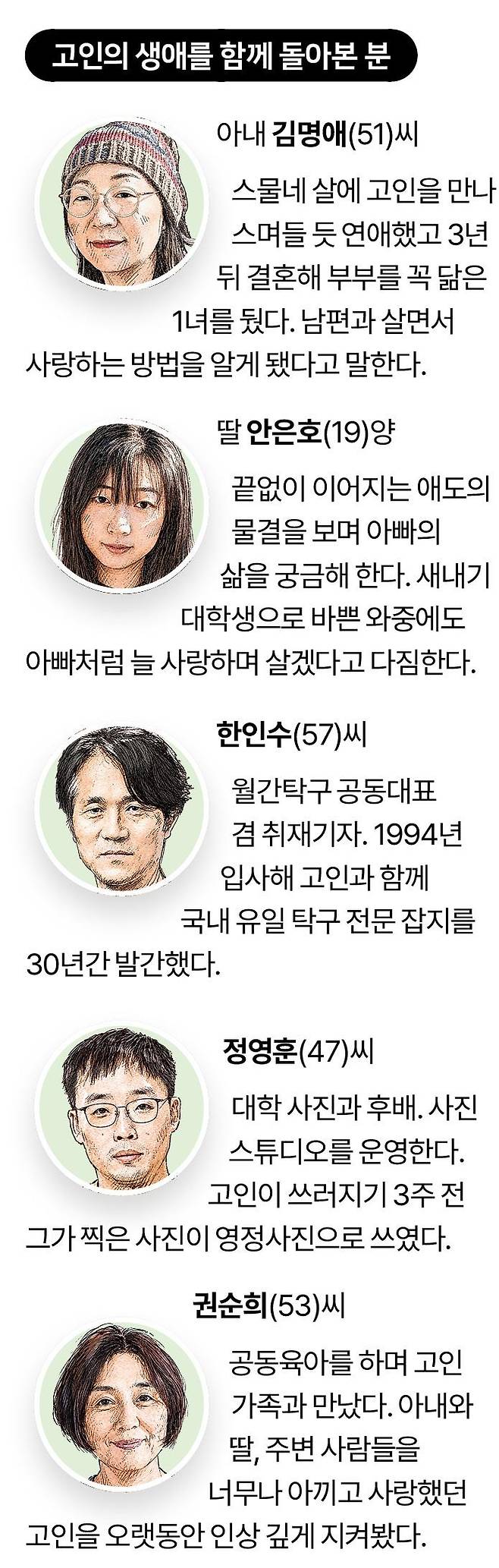 고인이 아끼고 사랑했던 이들의 마음 한편에 남은 눈부신 기억을 조각조각 길었다. 일러스트=신동준 기자