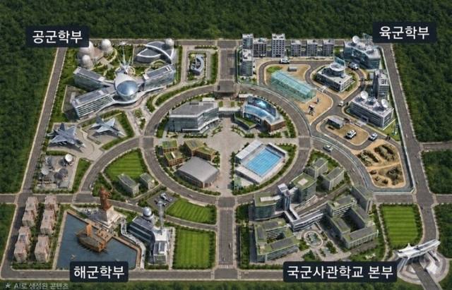국방부가 생성형 AI로 급조한, 대전 자운대 창설을 추진하는 육·해·공군 통합사관학교인  국군사관학교 조감도. 1·2학년 학부와 육·해·공군 학부 등 4개로 분리돼 있다. 국방부 제공