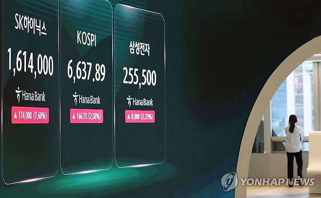 하이닉스 주주환원, 코스피 반등 시도하나 (서울=연합뉴스) 이진욱 기자 = 20일 서울 중구 하나은행 본점 딜링룸 전광판에 코스피 및 SK하이닉스, 삼성전자 주가가 표시돼있다. 지난 19일 SK하이닉스는 이사회를 열어 자기주식 취득·소각 안건을 의결하고 주주환원 계획을 공시했다. 2026.8.20 cityboy@yna.co.kr