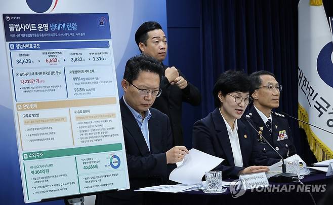 디지털 성범죄 불법 사이트 통합 대응방안 발표 (서울=연합뉴스) 안정원 기자 = 원민경 성평등가족부장관이 20일 서울 종로구 정부서울청사에서 불법 촬영물 등 유통사이트 심층분석을 통한 불법사이트 통합 대응 방안을 발표하고 있다.
왼쪽부터 신영규 방송미디어통신위원회 방송통신이용자정책국장, 원 장관, 유재성 경찰청장 직무대행. 2026.8.20 jeong@yna.co.kr