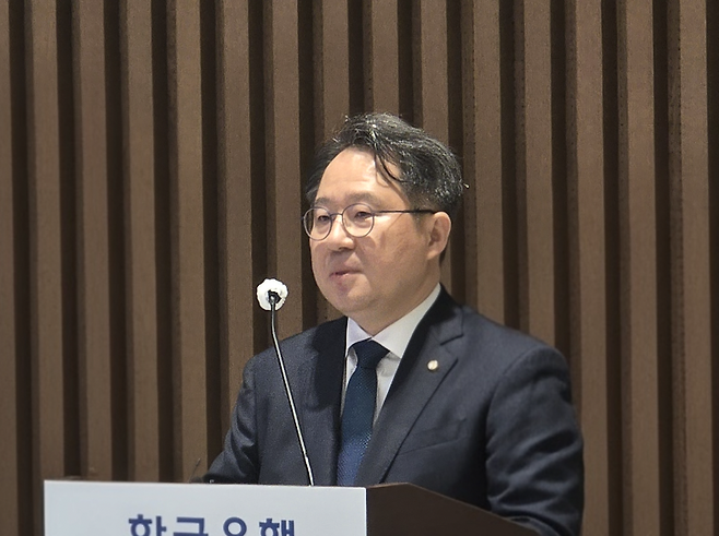 권민수 신임 한국은행 부총재가 21일 서울 중구 한은 별관에서 열린 취임식에서 취임사를 하고 있다.(배근미 기자 athena3507@)