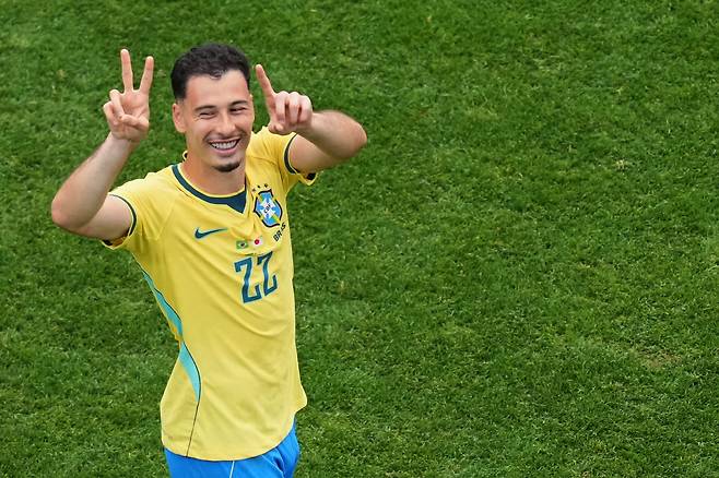Brazil's Gabriel Martinelli (22) celebrates at the end of the World Cup round of 32 soccer match between Brazil and Japan in Houston, Monday, June 29, 2026. (AP Photo/Eric Smith)  <저작권자(c) 연합뉴스, 무단 전재-재배포, AI 학습 및 활용 금지>