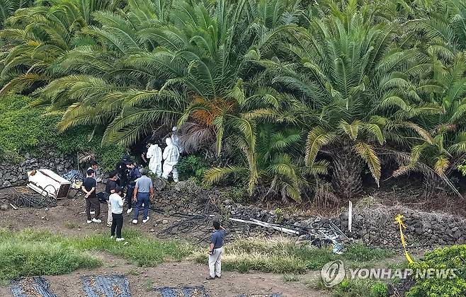 경찰, 실종 장미란씨 시신 발견 (제주=연합뉴스) 박지호 기자 = 경찰이 24일 제주시 한림읍 수원리의 한 야자수농장에서 수개월 전 실종됐던 장미란씨 시신을 발견해 현장 감식을 진행하고 있다. 2026.8.24 jihopark@yna.co.kr