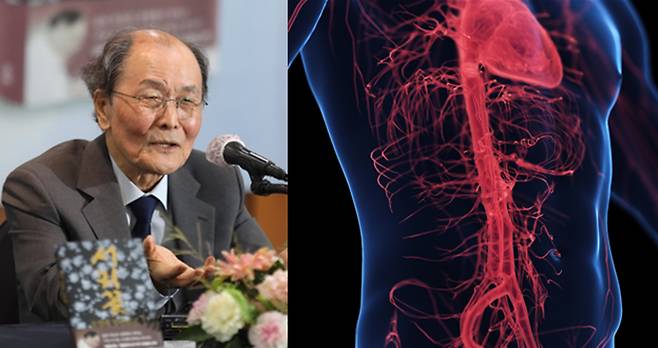 장편 ‘서리꽃’출간을 기념해 기자들과 만난 조정래 작가(왼쪽)와 복부대동맥./사진=해냄 제공