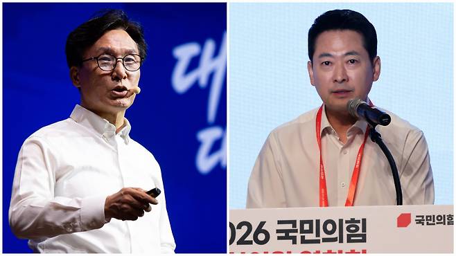 지난 27일부터 1박 2일 일정으로 열린 의원 워크숍과 연찬회에 참석한 김민석 더불어민주당 대표와 장동혁 국민의힘 대표./뉴스1
