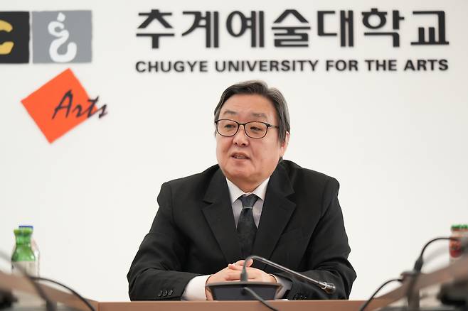 임상혁 추계예술대 총장이 지난 28일 헤럴드경제와의 인터뷰에서 예술교육의 변화와 순수예술의 미래에 대해 설명하고 있다. 양정원 기자