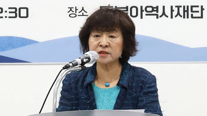 지난 6월 2일 서울 서대문구 동북아역사재단 대회의실에서 열린 울릉도·독도 종합 학술조사 성과 공개회에서 박지향 동북아역사재단 이사장이 인사말을 하고 있다. /연합뉴스