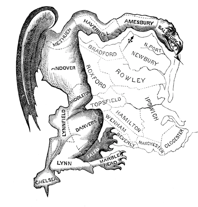 게리맨더링(gerrymandering) 용어는 1812년 미국 매사추세츠주 주의회 상원의원 선거구를 기형적으로 획정해 특정 정당을 지원한 엘브리지 게리 주지사 이름에서 유래했다. 언론사 보스턴 가제트가 선거구 형태를 신화 속 동물 '살라만더'로 묘사한 삽화를 실은 후 합성어 '게리맨더링'이 유명해졌다. 사진은 보스턴 가제트가 실은 최초의 게리맨더링 삽화. 위키피디아 제공