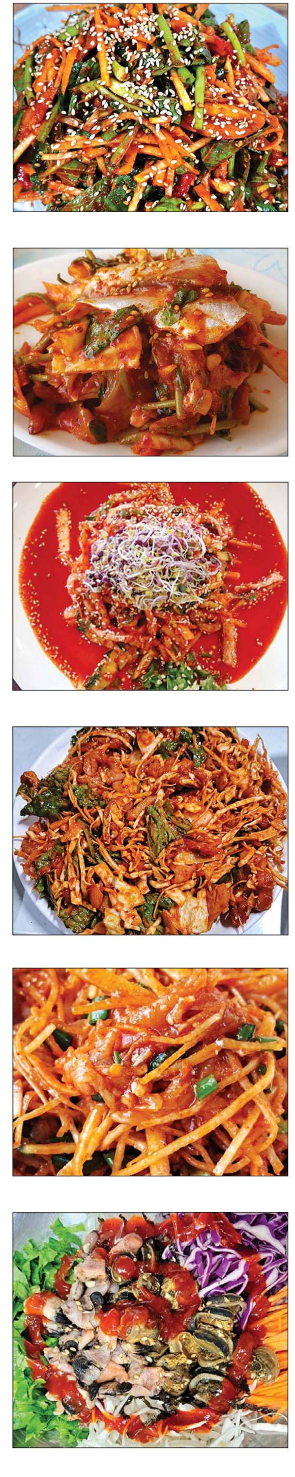서해와 남해, 동해 해역에 따라 다른 제철 어종이 회무침 재료로 쓰인다. 사진 위에서부터 간재미회무침, 밴댕이회무침, 웅어회무침, 서대회무침, 눈볼대회무침, 따개비거북손회무침.