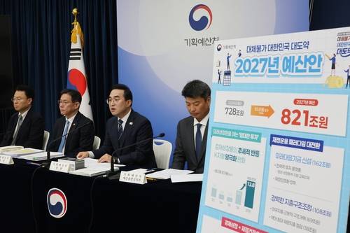 예산안 발표하는 박홍근 기획예산처 장관 (세종=연합뉴스) 김주성 기자 = 박홍근 기획예산처 장관(오른쪽 두번째이 지난달 28일 정부세종청사에서 2027년도 예산안을 설명하고 있다. 2026.08.28. utzza@yna.co.kr [재판매 및 DB 금지]