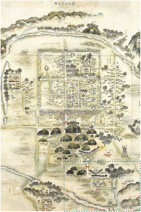 경주읍내전도(1798년)에 나타난 교동마을(점선 안). 내남에서 이사 온 때(1779년)로부터 약 20년 뒤의 모습. 향교 바로 옆에 아직 최부잣집을 신축하기 전이고, 비보림(裨補林)도 조성되기 전의 모습이다. /경주최부자민족정신선양회 제공