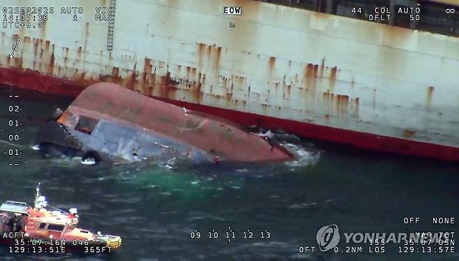 전복된 예인선과 구조대 (부산=연합뉴스) 2일 오후 부산 앞바다에서 선박 전복 사고가 발생해 해경이 구조작업을 진행 중이다. 2026.9.2 [부산해양경찰서 제공. 재판매 및 DB 금지] pitbull@yna.co.kr