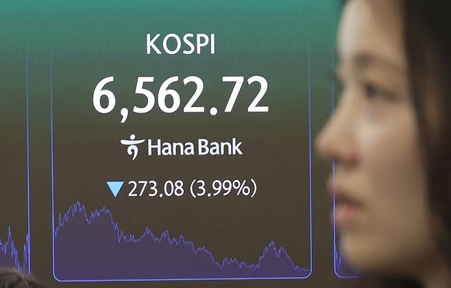 2일 코스피는 전장보다 273.08포인트(3.99%) 하락한 6562.72에 장을 마쳤다. [연합뉴스]
